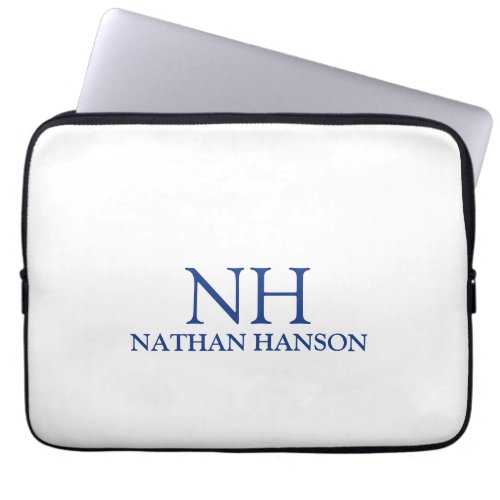 Simple Minimal Bold Monogram Blue White Modern Laptop Sleeve