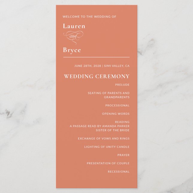Simple Minimal Bold Orange Citrus Wedding Program (Front)