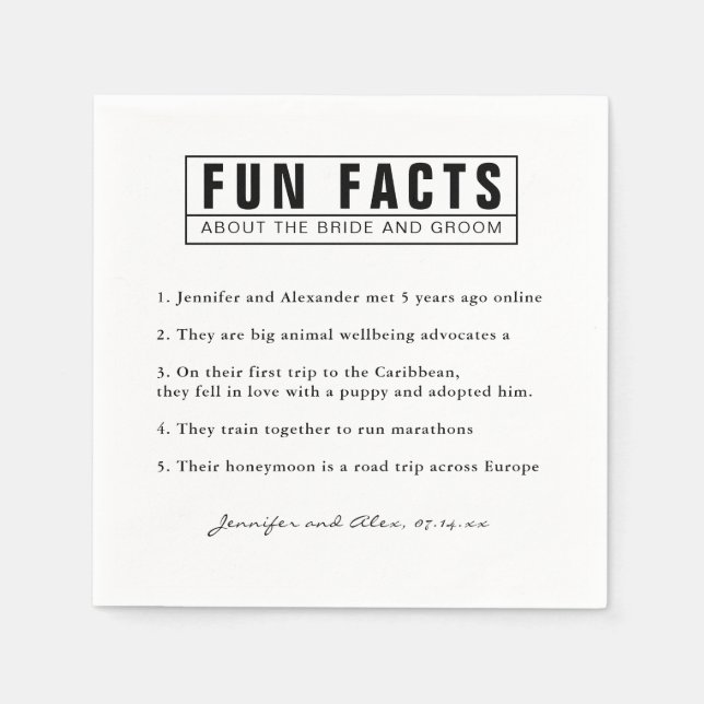 Simple Minimal Bride & Groom Fun Facts Pink Paper Napkins (Front)