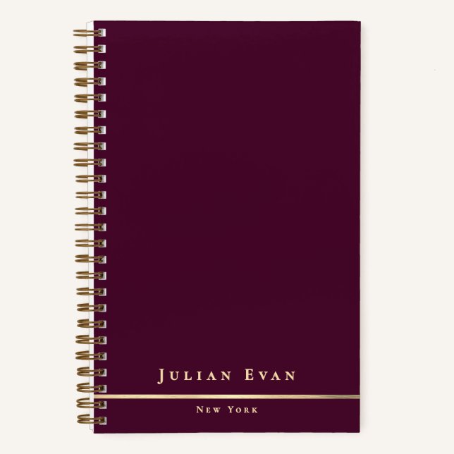 Simple Minimal Burgundy Wine & Gold Shiny Spiral Notebook (Front)