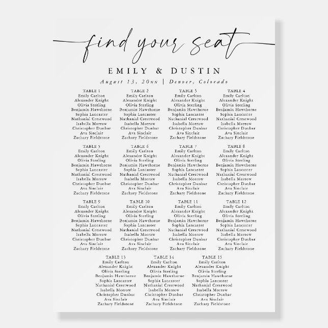 Simple Minimal Calligraphy Wedding Seating Chart Foam Board (Front)