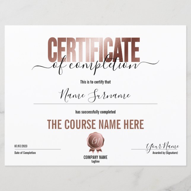 Simple Minimal Certificate of Completion  (Front)