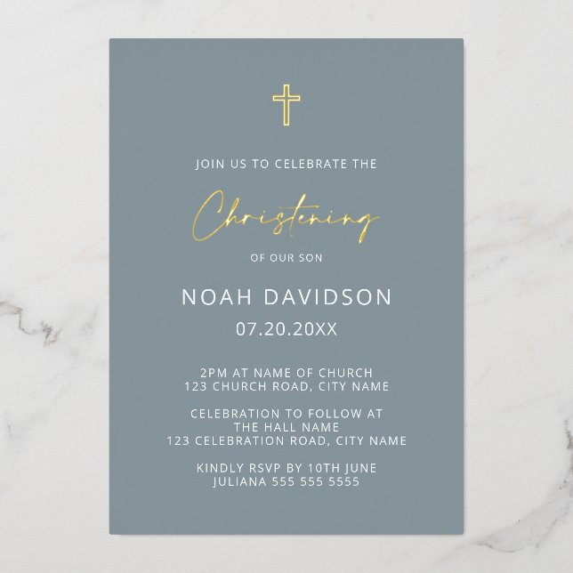Simple Minimal Christening Gray Blue & Real Gold Foil Invitation (Front)