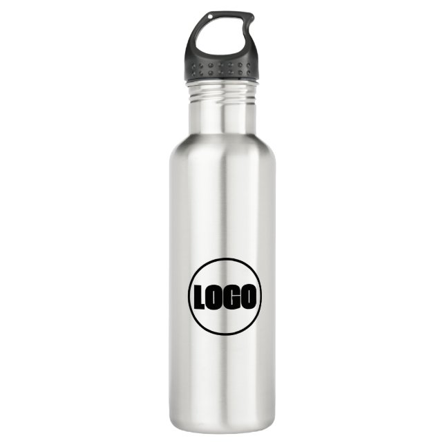 Simple Minimal Company Promotion Silver Black Logo Stainless Steel Water Bottle (Front)