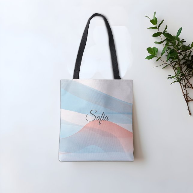 Simple minimal coral blue wave with name tote bag (Creator Uploaded)