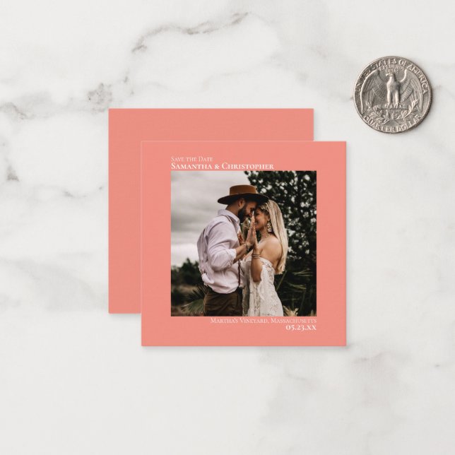 Simple Minimal Coral Wedding Save the Date Mini Note Card (Front/Back In Situ)