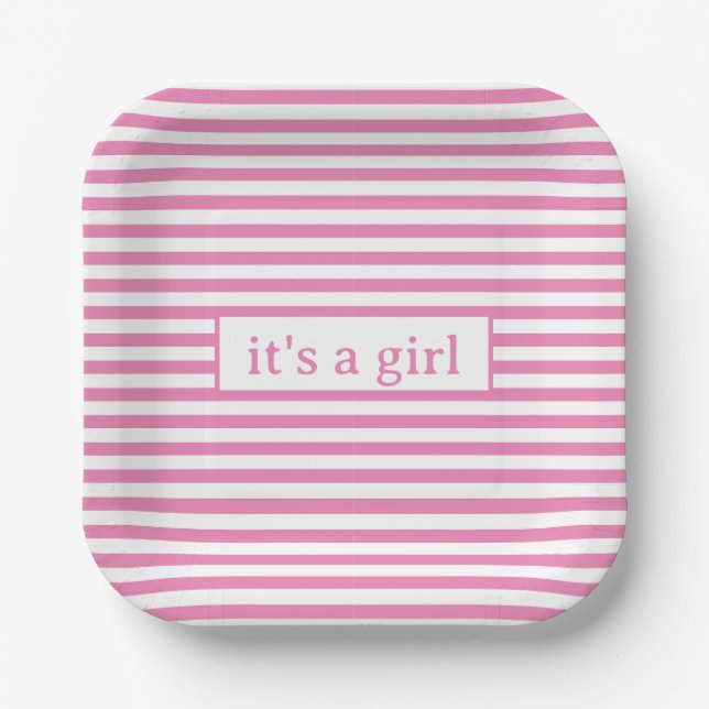 Simple Minimal Cute Pink and White Stripes  Paper Plates (Front)
