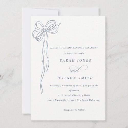 Simple Minimal Dusky Blue Coquette Bow Vow Renewal Invitation