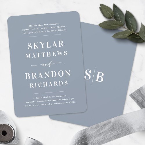 Simple Minimal Dusty Blue Semi Formal Wedding Invitation