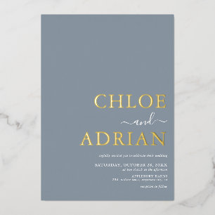 Simple Minimal Dusty Blue Wedding Gold Foil Invitation