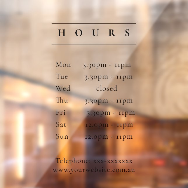 Simple Minimal Elegant Black Opening Hours Timings Window Cling (Sheet 2)