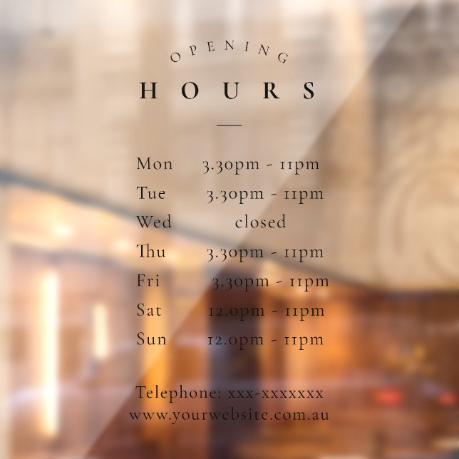 Simple Minimal Elegant Black Opening Hours Timings Window Cling (Sheet 2)