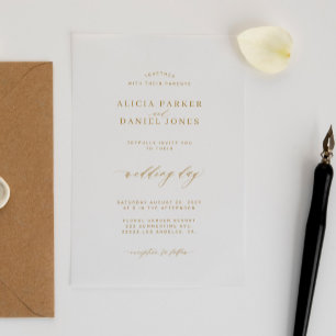 Simple minimal elegant gold script clear wedding acrylic invitations
