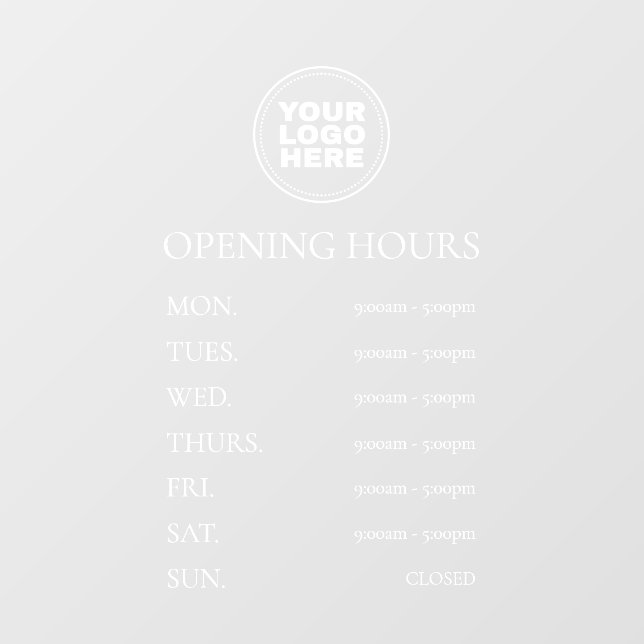 Simple Minimal Elegant White Opening Hours Window Cling (Sheet)