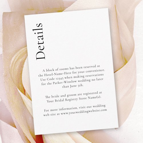 Simple Minimal Elegant White Wedding Details Enclosure Card