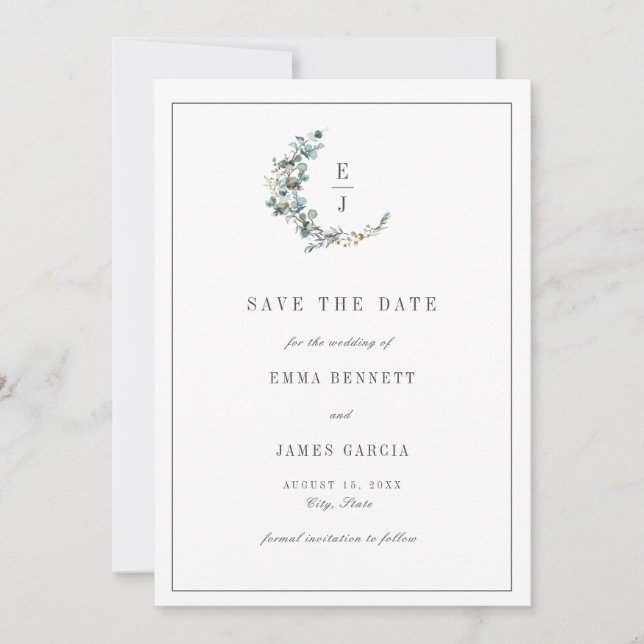 Simple Minimal Eucalyptus Wreath Monogram Wedding Save The Date (Front)