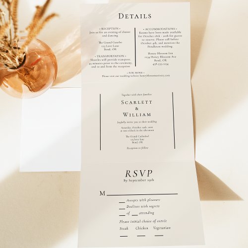 Simple Minimal Fall Leaf Cream Entree RSVP Wedding Tri_Fold Invitation