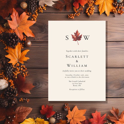 Simple Minimal Fall Leaf Cream Monogram Wedding Invitation