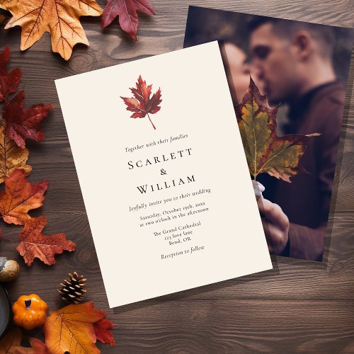 Simple Minimal Fall Leaf Cream Photo Wedding Invitation