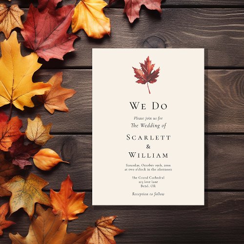 Simple Minimal Fall Leaf Cream We Do Wedding Invitation