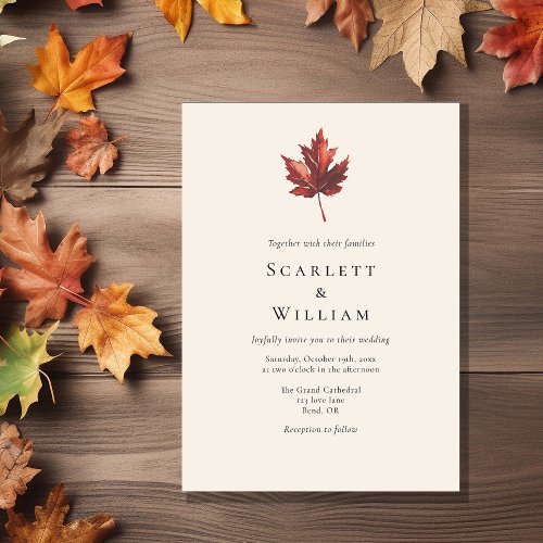 Simple Minimal Fall Leaf Cream Wedding Invitation