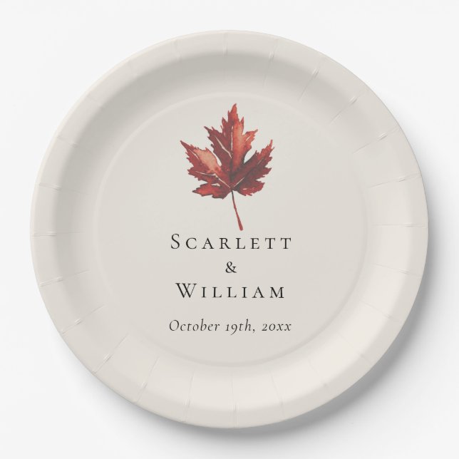 Simple Minimal Fall Leaf Cream Wedding Paper Plates (Front)