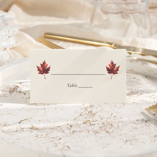 Simple Minimal Fall Leaf Cream Wedding Place Card