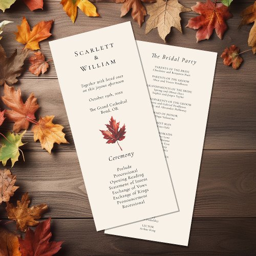 Simple Minimal Fall Leaf Cream Wedding Program