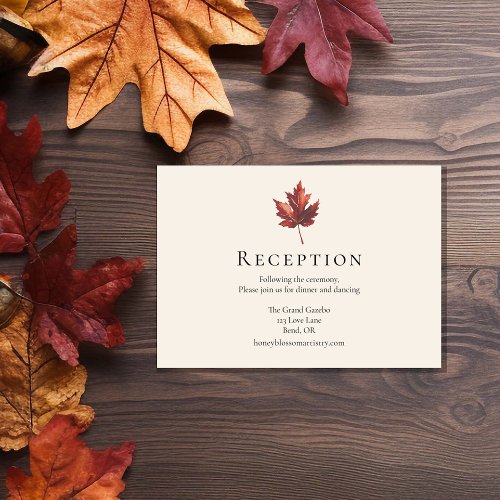 Simple Minimal Fall Leaf Cream Wedding Reception Enclosure Card