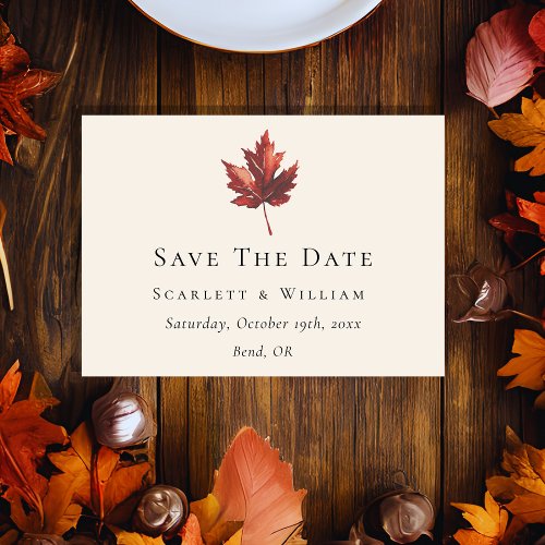 Simple Minimal Fall Leaf Cream Wedding Save The Date