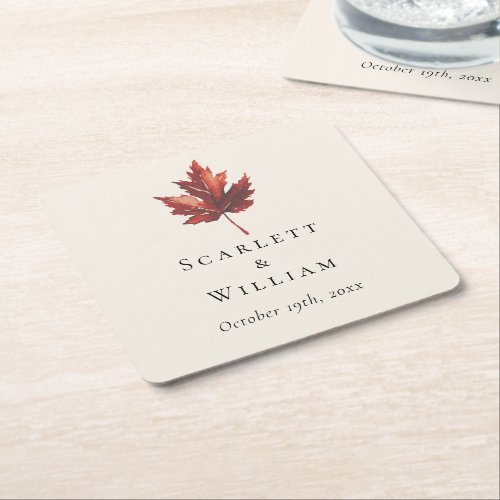 Simple Minimal Fall Leaf Cream Wedding Square Paper Coaster