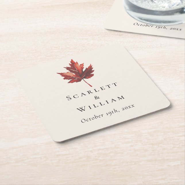 Simple Minimal Fall Leaf Cream Wedding Square Paper Coaster (Angled)
