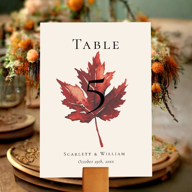 Simple Minimal Fall Leaf Cream Wedding Table Number (Creator Uploaded)