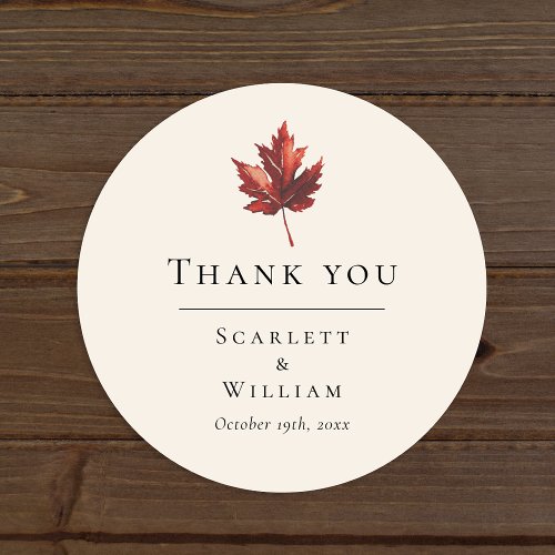 Simple Minimal Fall Leaf Cream Wedding Thank You Classic Round Sticker