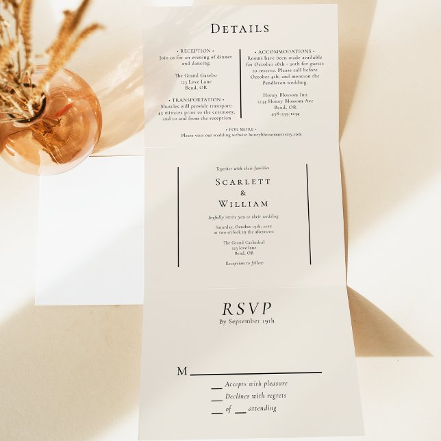 Simple Minimal Fall Leaf Cream Wedding Tri-Fold Invitation (Creator Uploaded)