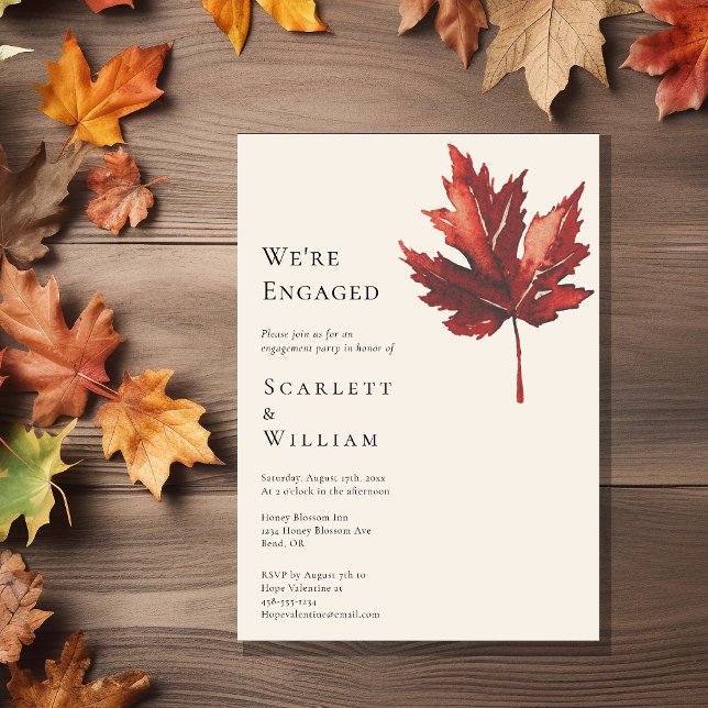 Simple Minimal Fall Leaf Cream We're Engaged Invitation (Creator Uploaded)