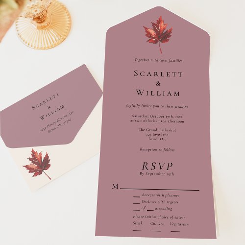 Simple Minimal Fall Leaf Mauve Entree RSVP Wedding All In One Invitation
