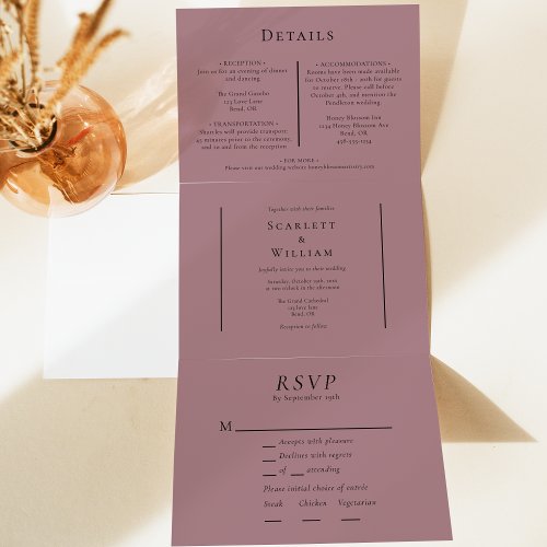 Simple Minimal Fall Leaf Mauve Entree RSVP Wedding Tri_Fold Invitation
