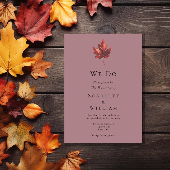 Simple Minimal Fall Leaf Mauve We Do Wedding Invitation (Creator Uploaded)