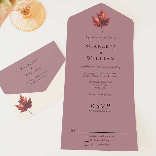 Simple Minimal Fall Leaf Mauve Wedding All In One Invitation