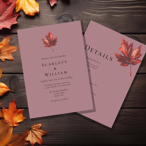 Simple Minimal Fall Leaf Mauve Wedding Details And Invitation
