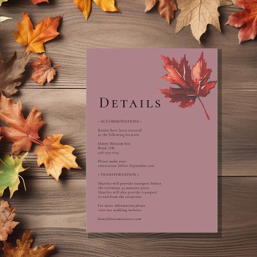 Simple Minimal Fall Leaf Mauve Wedding Details Enclosure Card