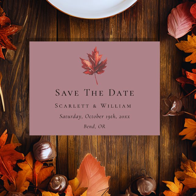 Simple Minimal Fall Leaf Mauve Wedding Save The Date (Creator Uploaded)