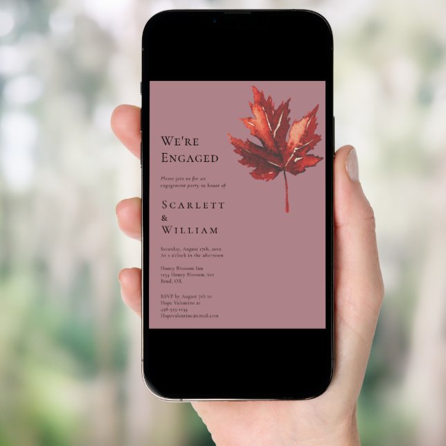 Simple Minimal Fall Leaf Mauve We're Engaged Invitation (Front Digital)