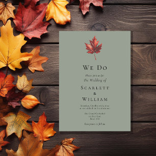 Simple Minimal Fall Leaf Sage Green We Do Wedding Invitation