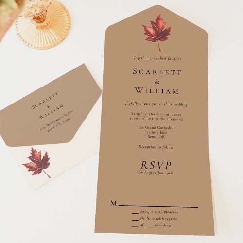 Simple Minimal Fall Leaf Terracotta Wedding All In One Invitation