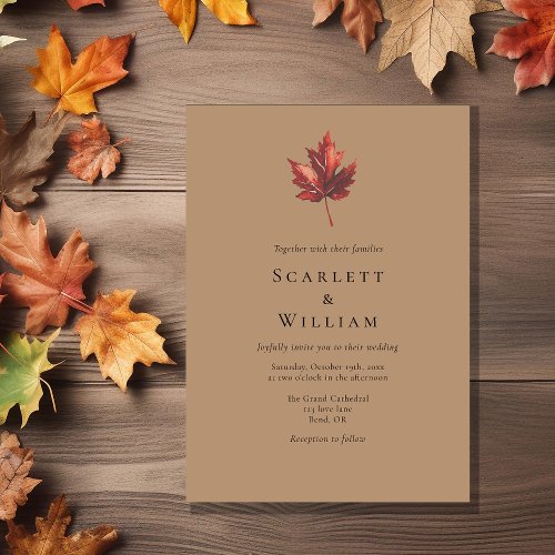 Simple Minimal Fall Leaf Terracotta Wedding Invitation