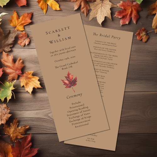 Simple Minimal Fall Leaf Terracotta Wedding Program