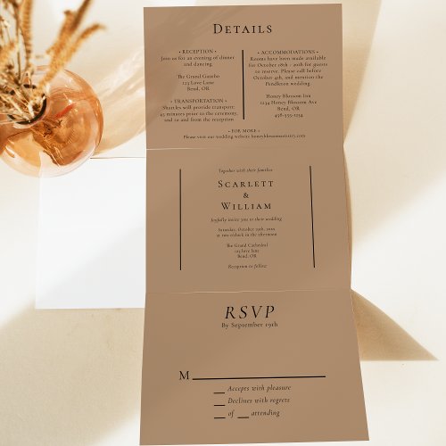Simple Minimal Fall Leaf Terracotta Wedding Tri_Fold Invitation