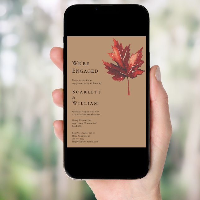 Simple Minimal Fall Leaf Terracotta We're Engaged Invitation (Front Digital)